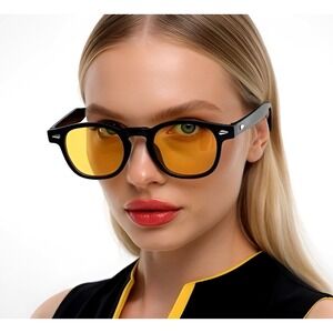 Black Frame Sunglasses Amber Tinted Lenses Round Retro Style Fashion Eyewear New